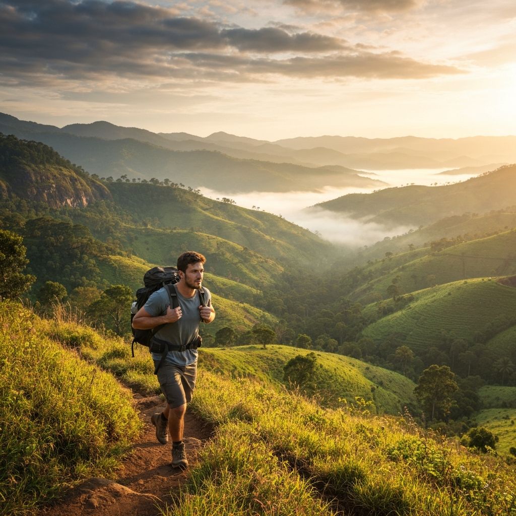 Solo traveler hiking on a Sri Lankan mountain trail
