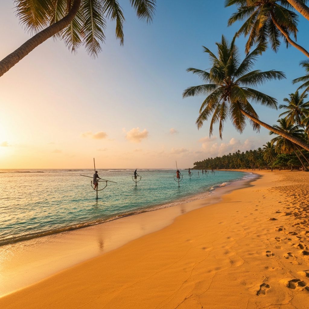 Tropical Sri Lankan beach with golden sand and turquoise water