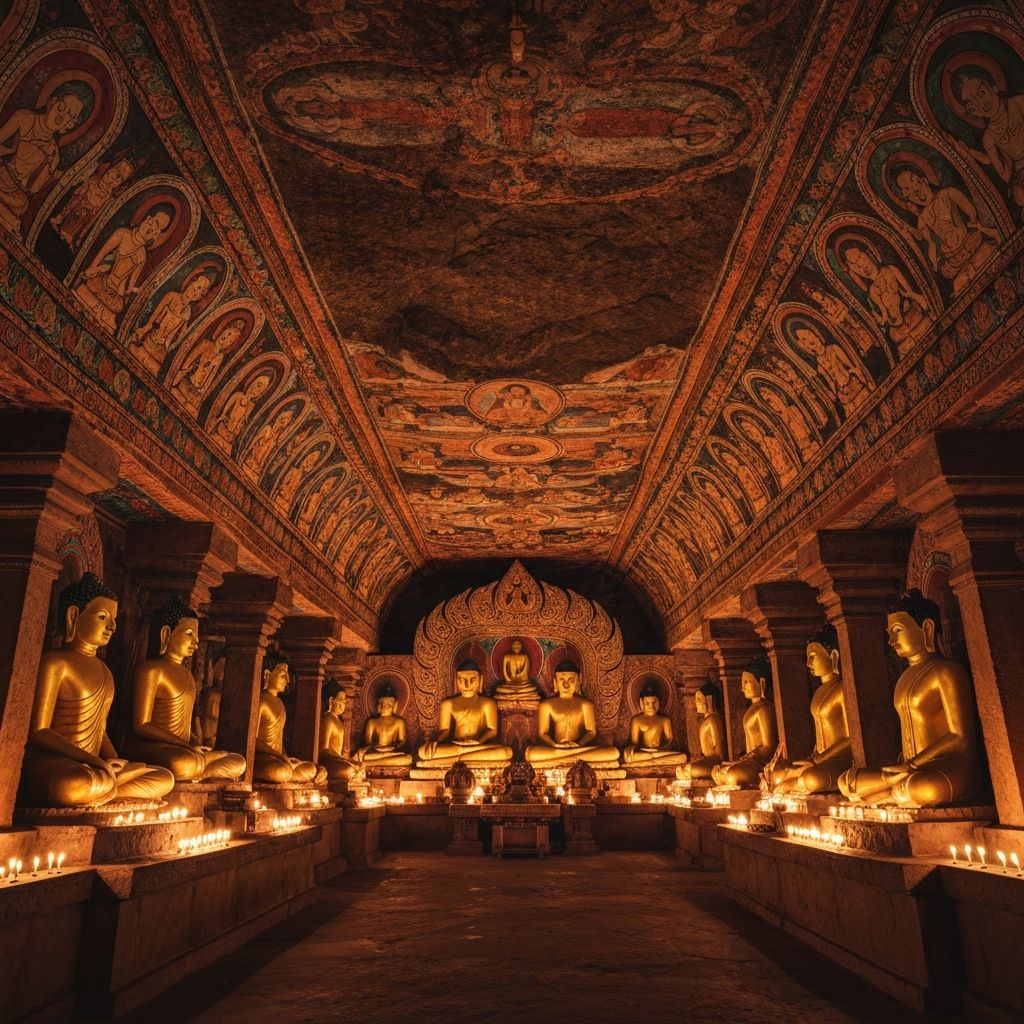Ancient Dambulla Cave Temple with golden Buddha statues